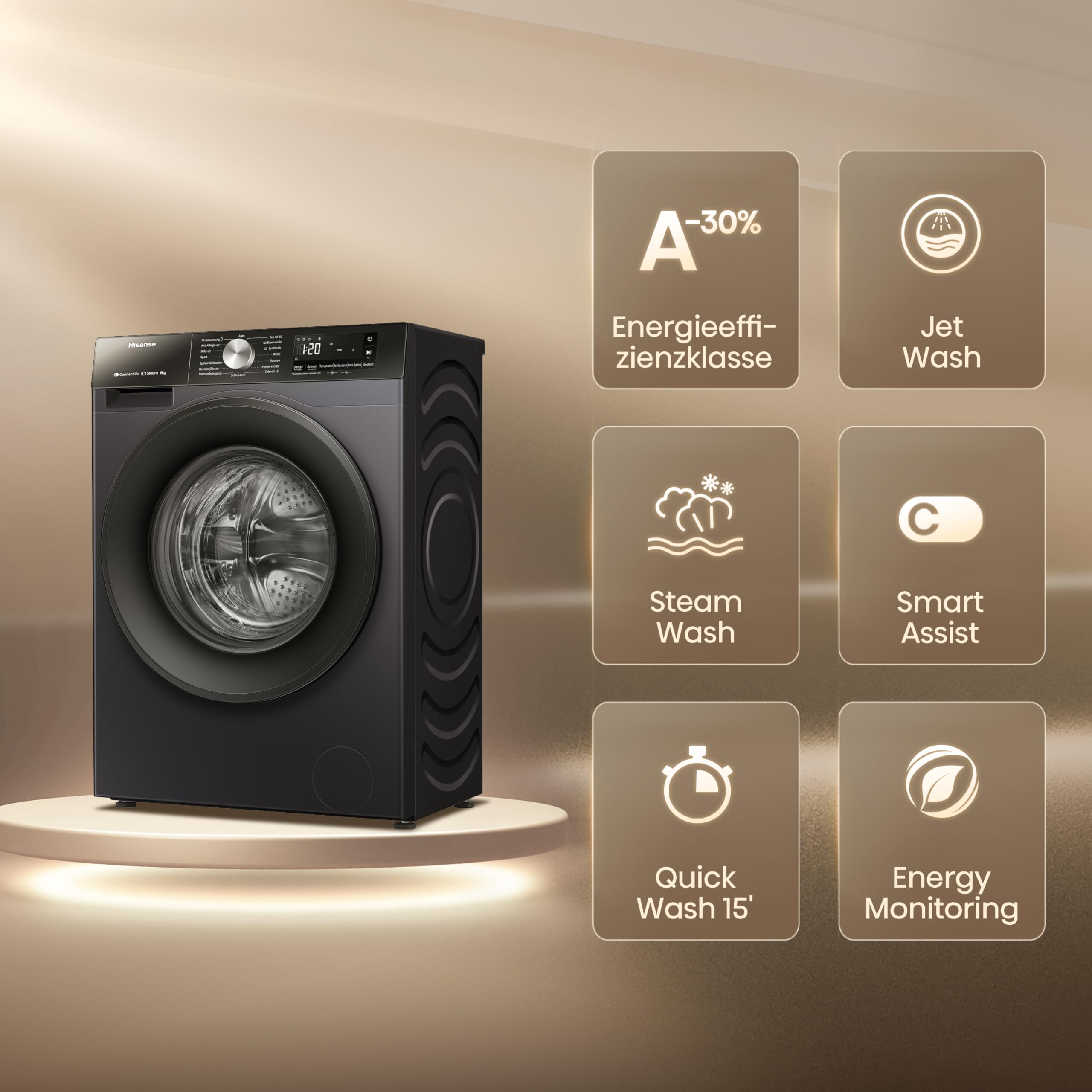 Hisense WF3S8043BB3 Waschmachine mit Dampffunkunktion, 8 kg, 1400 U,min, WIFI, ConnectLife, Power JetWash, Anti-Allergie Programm, Aqua Stop, Auto Wash, Quick Wash, EEK A-30 Prozent 3