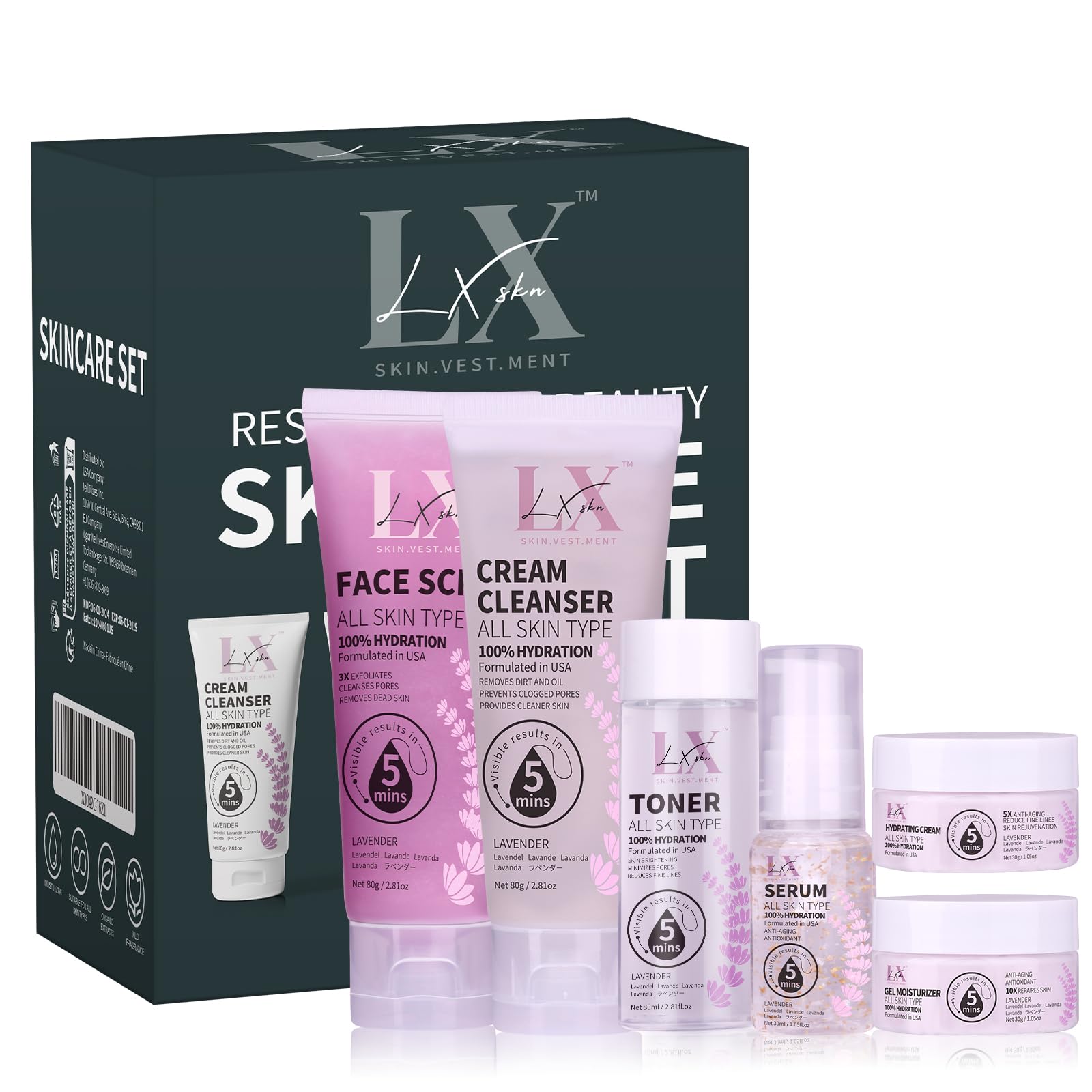 LXSKN Skin Care Set - 6 Step Face Care with Cleanser Face Scrub Toner Serum Gel Moisturiser & Hydrating Cream to Reveal Glowing Skin