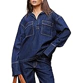Womens Denim Top Pullover Long Sleeve V Neck Jean Top Oversized Loose Fit Denim Shirt Women Casual Blouses Fall