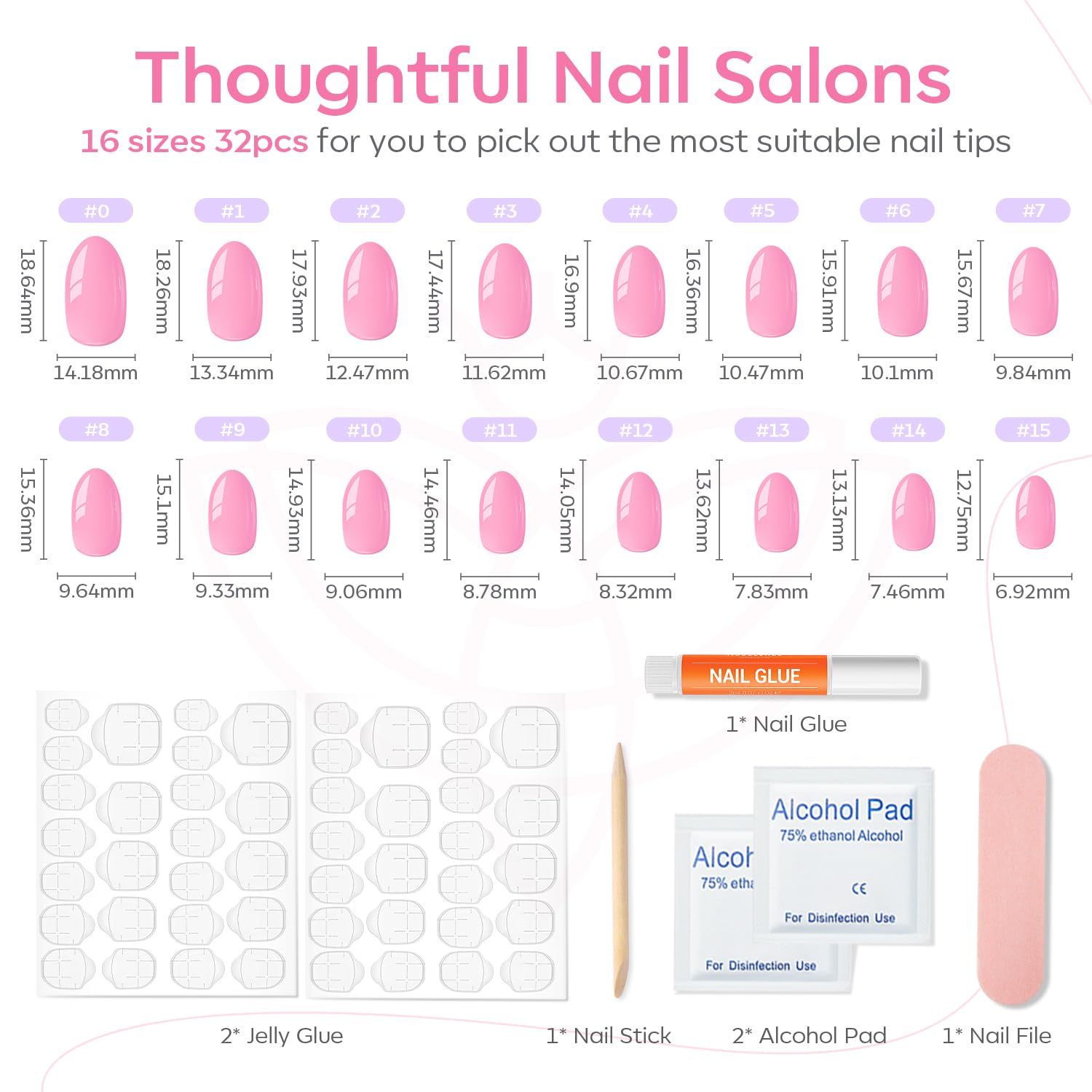 modelones Short Press on Nails, 32Pcs 16 Sizes Oval Fake Nails Kit Press Ons with Nail Glue, Adhesive Tabs, Nail File, Prep Pad, Manicure Stick, Pink - Image 4