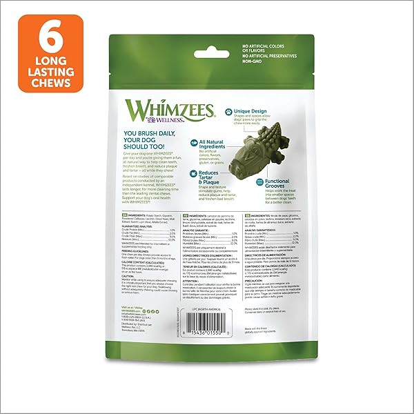 WHIMZEES WELLNESS ALLIGATOR DOG DENTAL TREAT, CHEWS, FRESHENS BREATH, LARGE SIZE, 12.7 OZ BAG, 6 COUNT