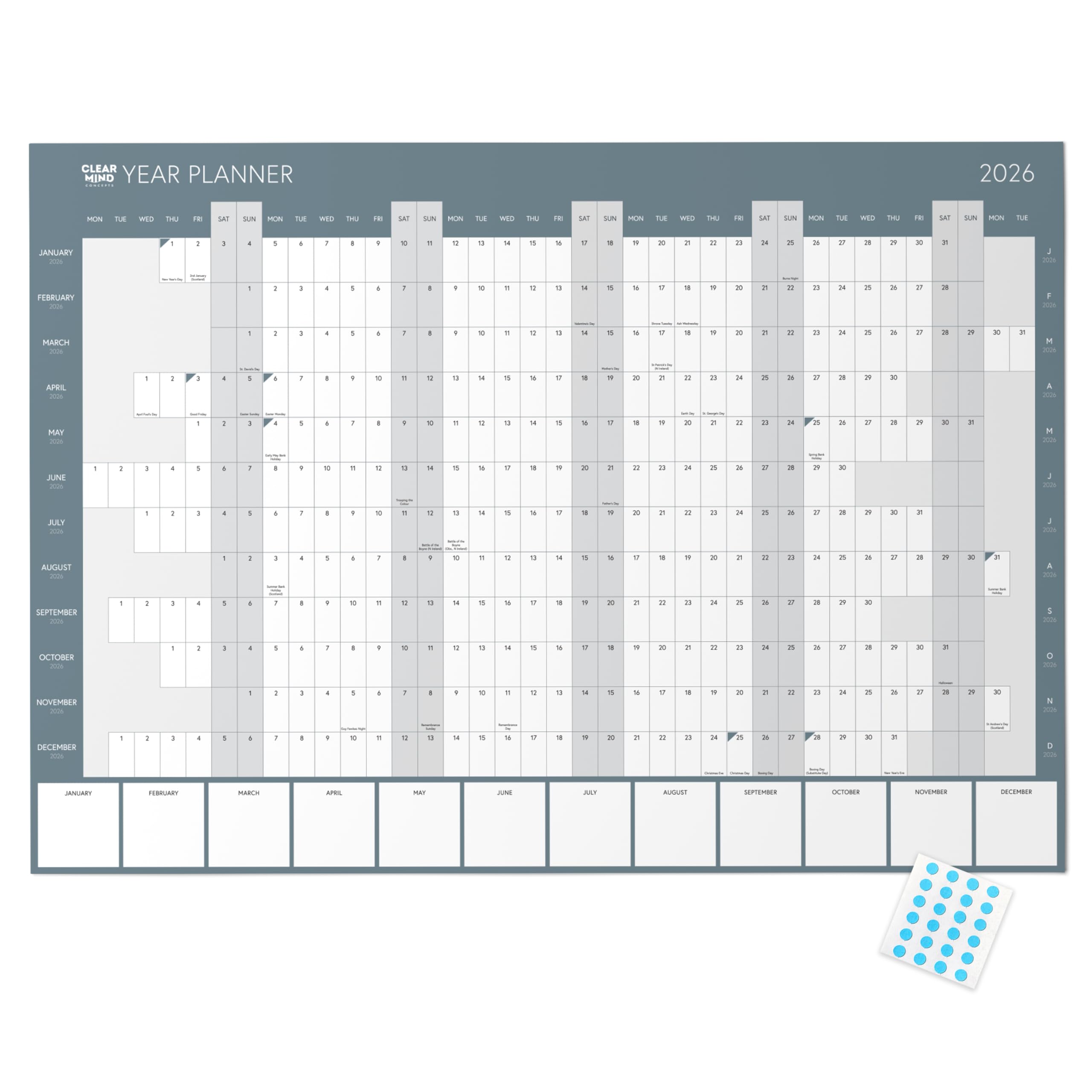 2026 Year Wall Planner by Clear Mind Concepts® - A2 Folded Calendar on 170gsm Silk Paper (59.4 x 42 cm) with UK Bank Holidays - Annual Wall Chart for Home, Office and Students