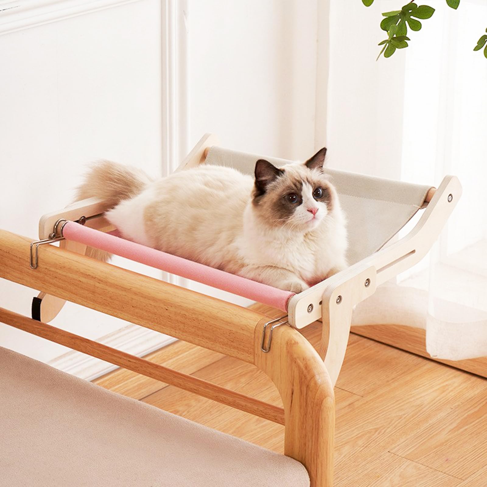 TothDate Window Seat for Indoor Cats, Large Wooden Perch Hammock for Sills, Bedsides, Balcony - Pink Fabric