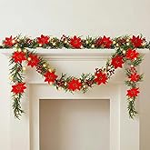 Crowye 2 Pcs 6.5 Ft Christmas Poinsettia Garland with Lights, 20 LED Artificial Pine Garlands Lighted Xmas Garland with Berries Pine Cones for Home Mantle Fireplace Stairs Decorations (Red)