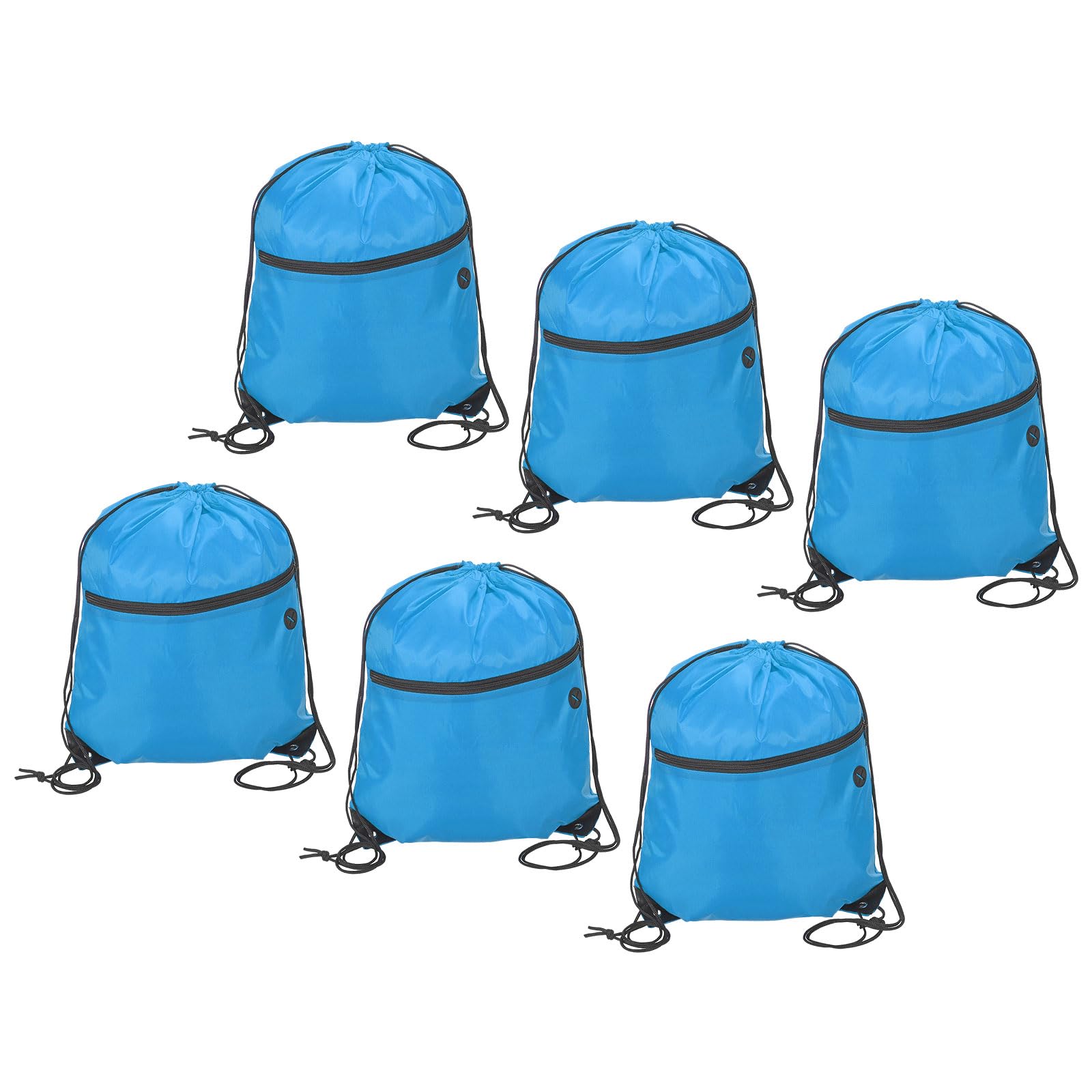 PATIKIL 13"x16.5" Polyester Drawstring Bag 6 Pack Gym Draw String Backpack Bulk Cinch Sack with Zipper Pocket for Men Women Gym Sports Yoga Traveling, Light Blue