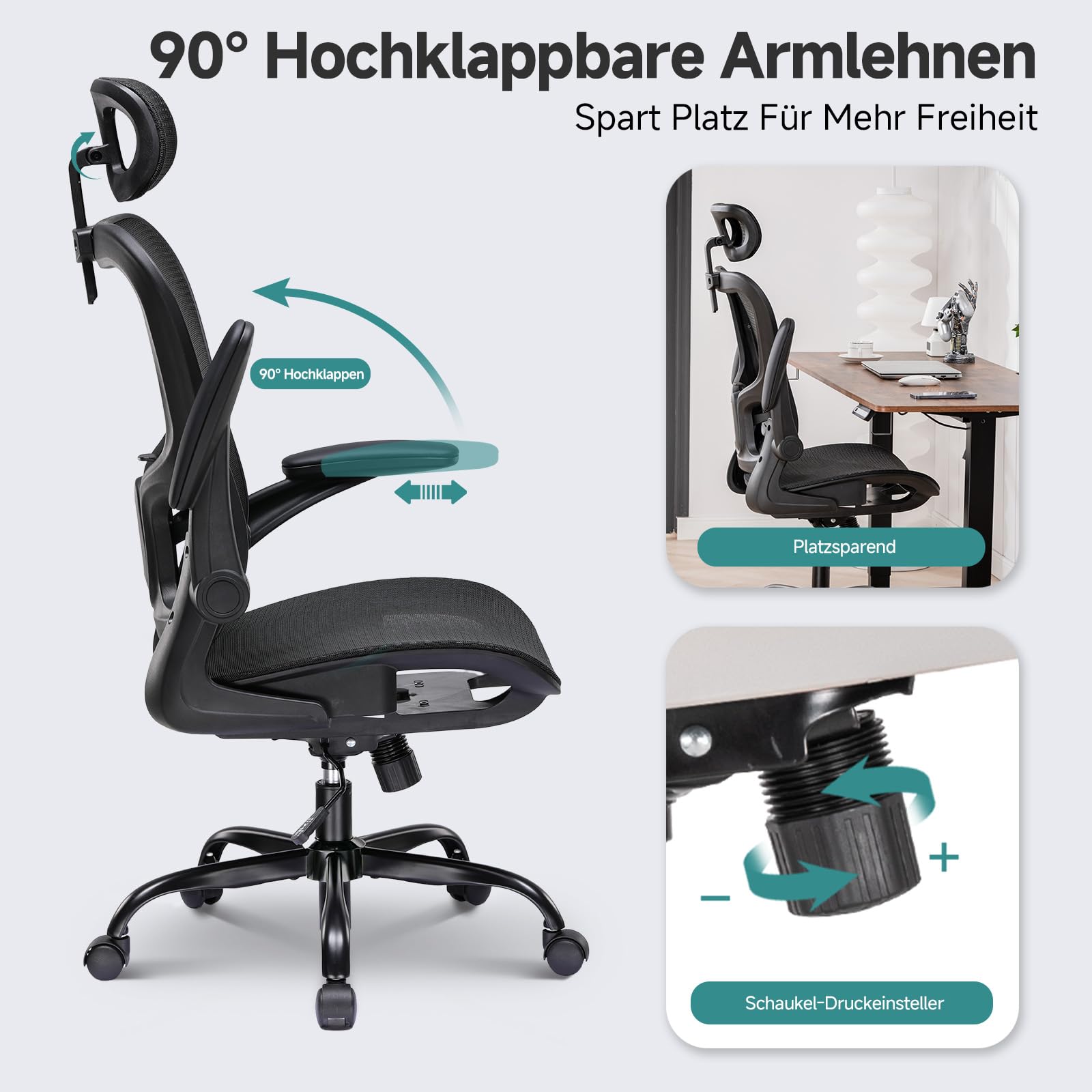 COMHOMA Bürostuhl, Schreibtischstuhl, ergonomischer Netzstuhl, mit doppellagigem Netzgewebe, atmungsaktiv, Adaptive Lendenstütze, verstellbare Kopfstütze, für Homeoffice, Drehstuhl 150 kg, Schwarz 6
