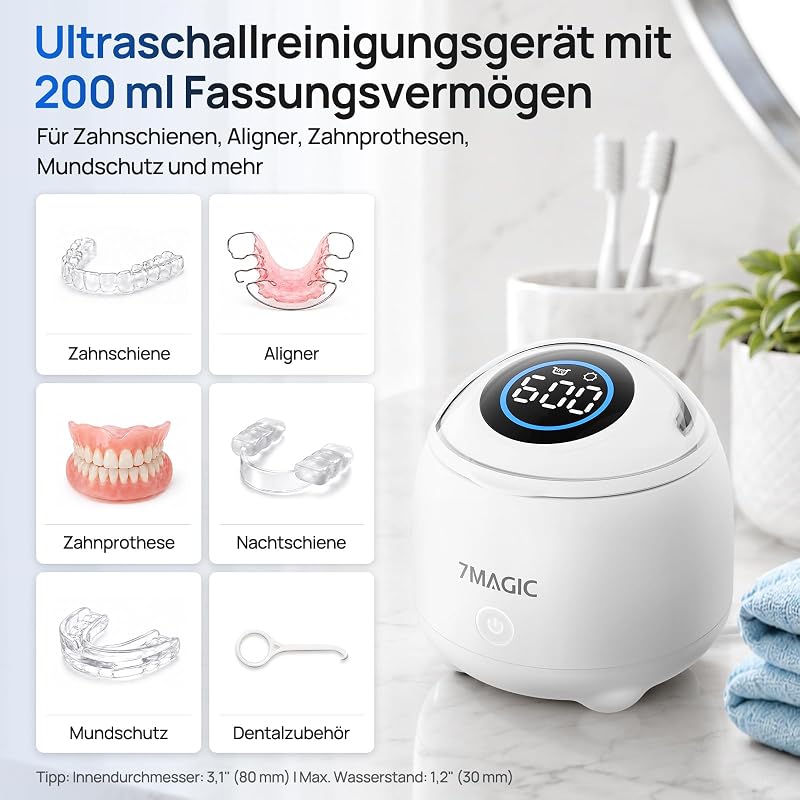 Ultraschallreinigungsgerät für Zahnschienen, 48 kHz, UV-C, Weiß