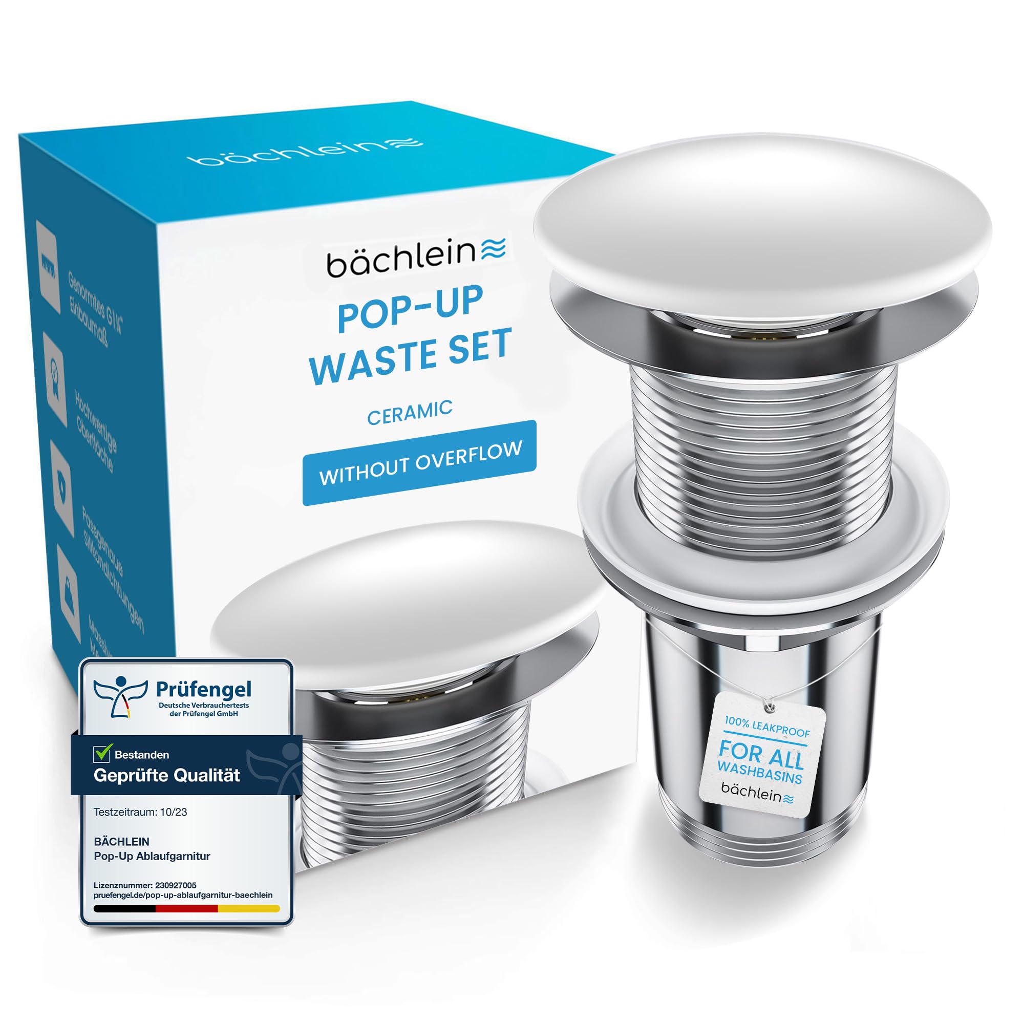 Bächlein Universal Drain Fitting without Overflow (Ceramic) - Pop Up Valve for Sink and Washbasin - Brass Drain Valve with Installation Instructions