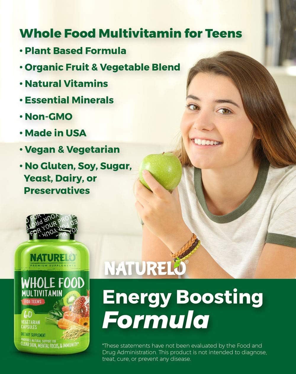Amazon Com Naturelo Whole Food Multivitamin For Teens Vitamins Minerals For Teenage Boys Girls Supplement For Active Kids With Plant Extracts Non Gmo Vegan Vegetarian