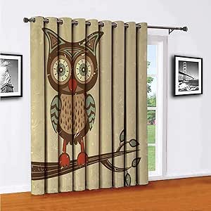 Cortina de colores con diseño de búho sentado sobre una rama y humor de