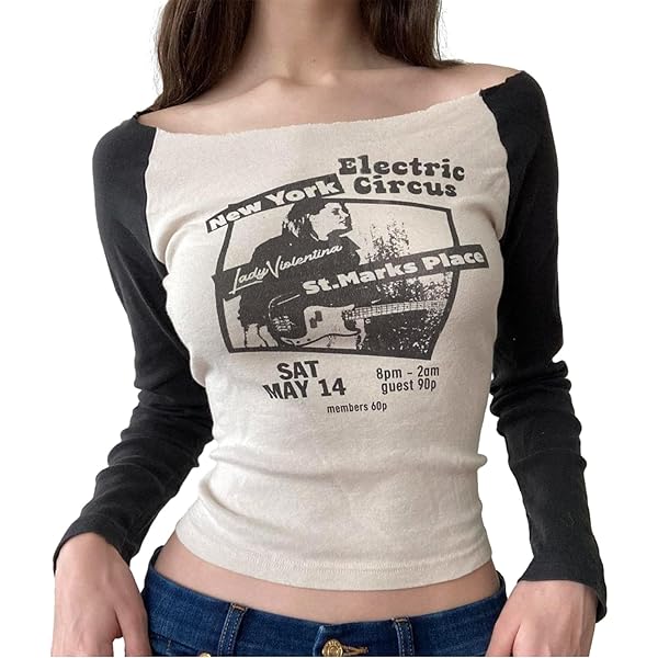 Women's Y2k Long Sleeve Crop Top Graphic Print Boat Neck T