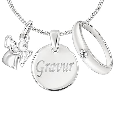 Clever Schmuck Set mit Gravur: 3 Silberne Anhänger Gravurplatte 12 mm inkl. Gravur einseitig + Mini Engel 10 mm Herz in der H