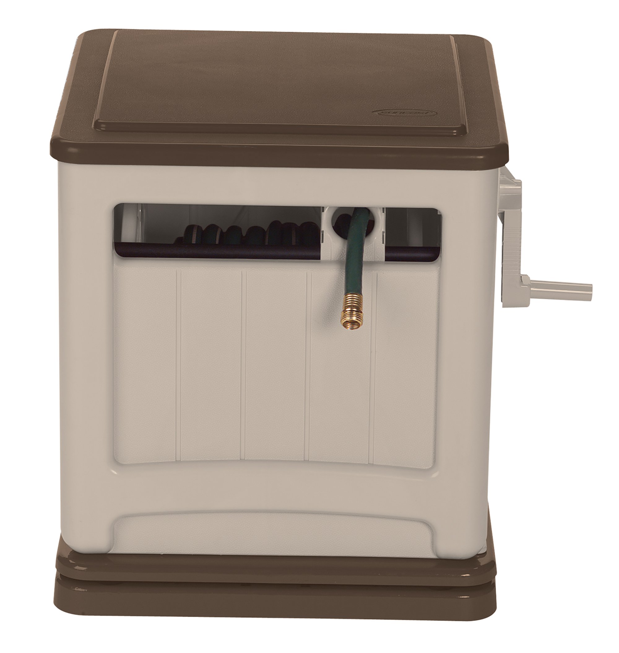 Suncast Resin Swivel Hose Hideaway with Hose Guide - Durable Outdoor Hose Storage Reel with Swivel Base, Crank Handle, Lid, and Slide Trak Hose Guide - 225' Hose Capacity - Mocha and Taupe