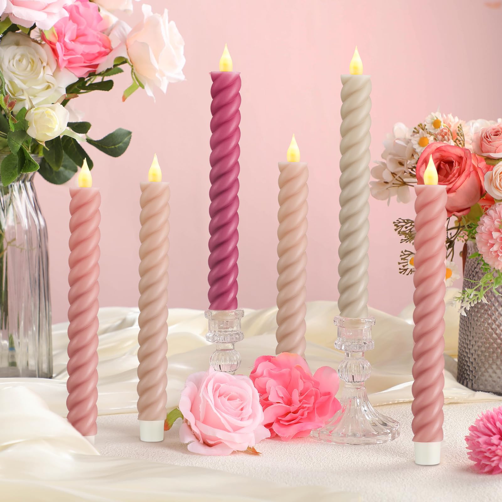 Photo 1 of Baquler 6 Pcs Valentine Pastel Pink Flameless Taper Candle Twisted LED 9.65 Inch Taper Candles Battery Operated Spiral Candlesticks for Valentine Wedding Birthday Home Party Holiday Dinner Fireplace