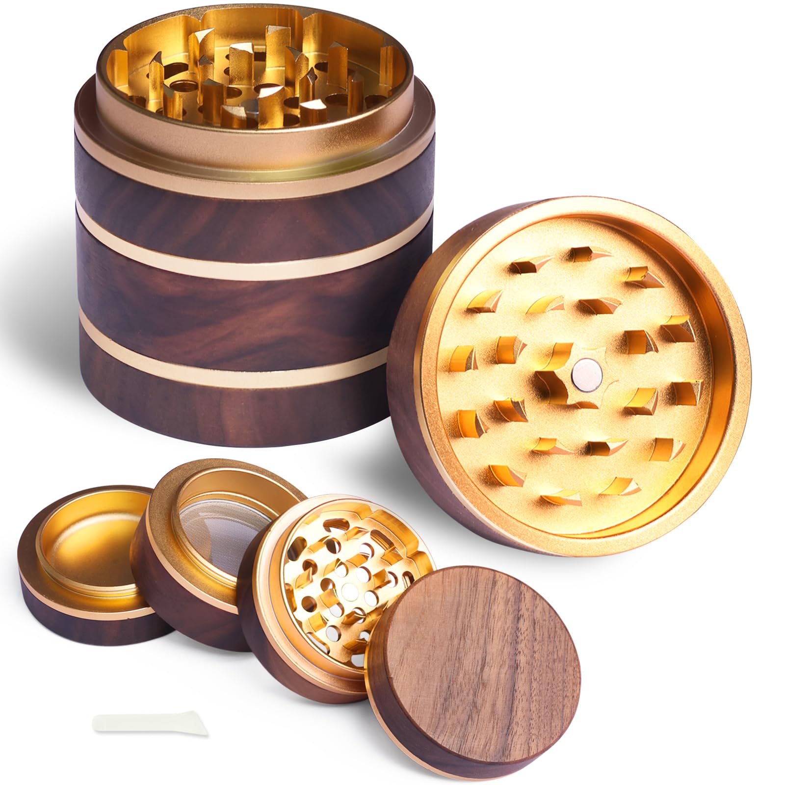 Wooden Herb Grinder for Dry Herb and Spices, 4 Layers Portable Herbal Grinders with Magnetic Lid and Pollen Catcher - 2.5 Inches
