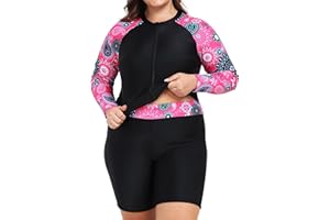 Owntop Womens Plus Size Rash Guard | 2-Piece UPF 50+ Swim Shirt | Long Sleeve Zipper Rashguard Shirts & High Waist Boyshorts