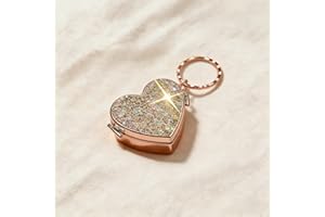Rhinestone Heart Shaped Pill Case Compact Mirror Style, Stainless Steel Mini Pill Box with Keychain, Bling Portable Pill Cont