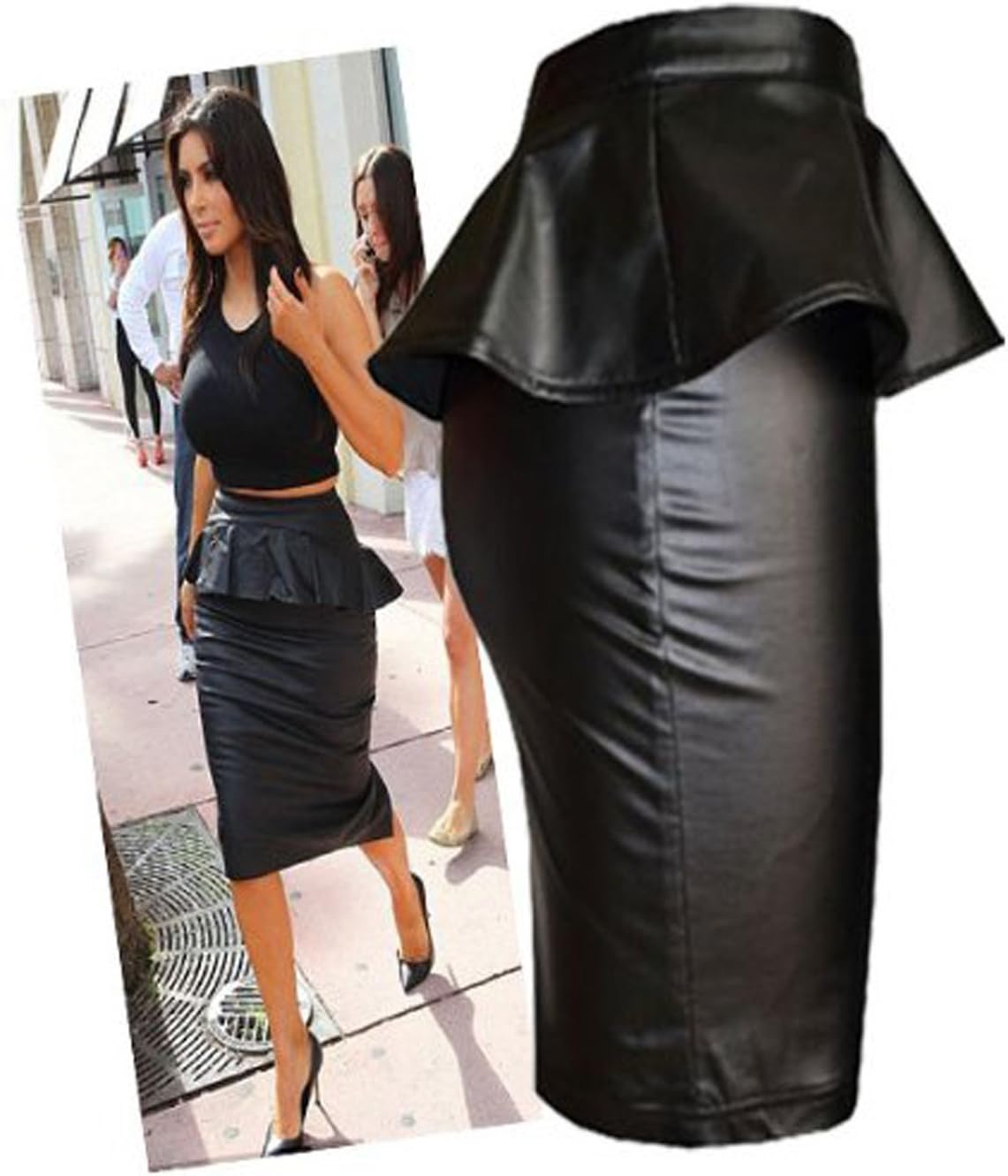Women's Celebrity Inspired Wetlook Peplum Stretchy Skirt