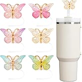 Amreich 6PCs Glitter Straw Covers for Stanley Tumblers - Foil Butterfly Design, 10mm Reusable Straw Toppers, Stanely Cup Accessories