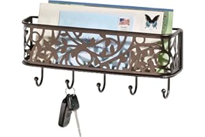 mDesign Wall Mount Metal Entryway Storage Organizer Mail Sorter Basket with 5 Hooks - Letter, Magazine, Coat, Leash and Key Holder for Entryway, Mudroom, Hallway, Kitchen, Office - Bronze