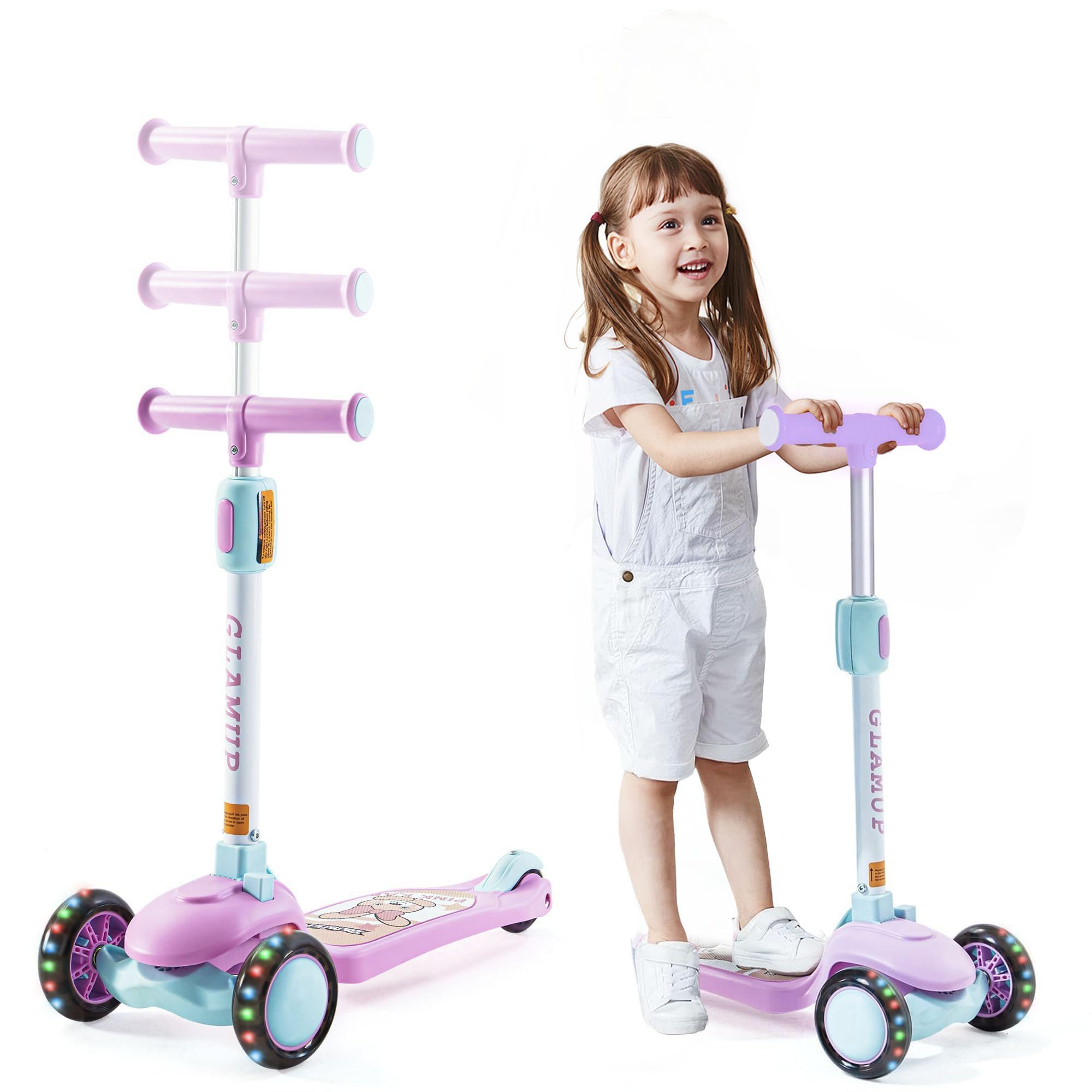 Kids Kick Scooter 3 Wheels Light-Up, Kids Scooter Height Adjustable Handlebar, Lean-to-Steer System & Easy-Folding Mechanism, Ages 3-14 Boys and Girls