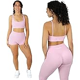 Workout Sets for Women 3 Piece Seamless High Waisted Scrunch Leggings Shorts Strappy Sports Bra Gym Activewear Fitness Set