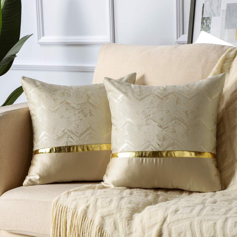Soleebee Set of 2 Throw Pillow Covers Wavy Gold Wire Polyester Home Decorative Pillowcase Covers Couch Throw Pillow Case for Sofa Bed Car 18x18 Inch (Gold Silk Beige)