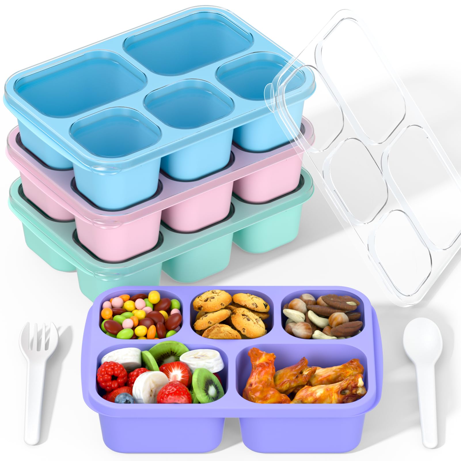 Photo 1 of Bento Box Adult Lunch Box - 4 Pack, 5 - Compartment Meal Prep Container for Kids, Reusable Food Storage Snack Containers - Stackable for School, Work, and Travel (PP(Blue/Pink/Green/Purple))