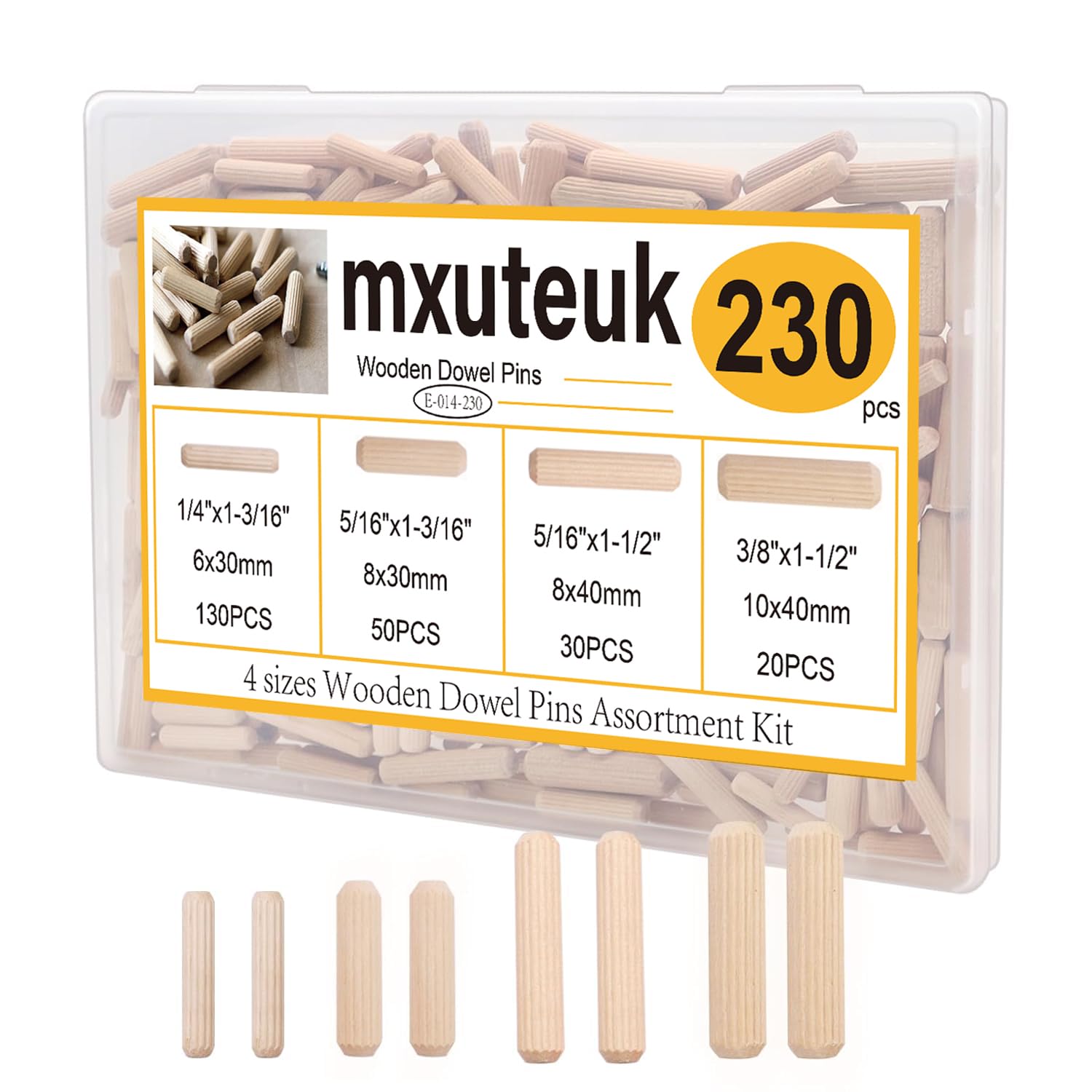 mxuteuk 230Pcs Wooden Dowel Pins 1/4inch 5/16inch 3/8inch, Fluted Wood Dowels Rods for Crafts, Furniture, DIY Manual