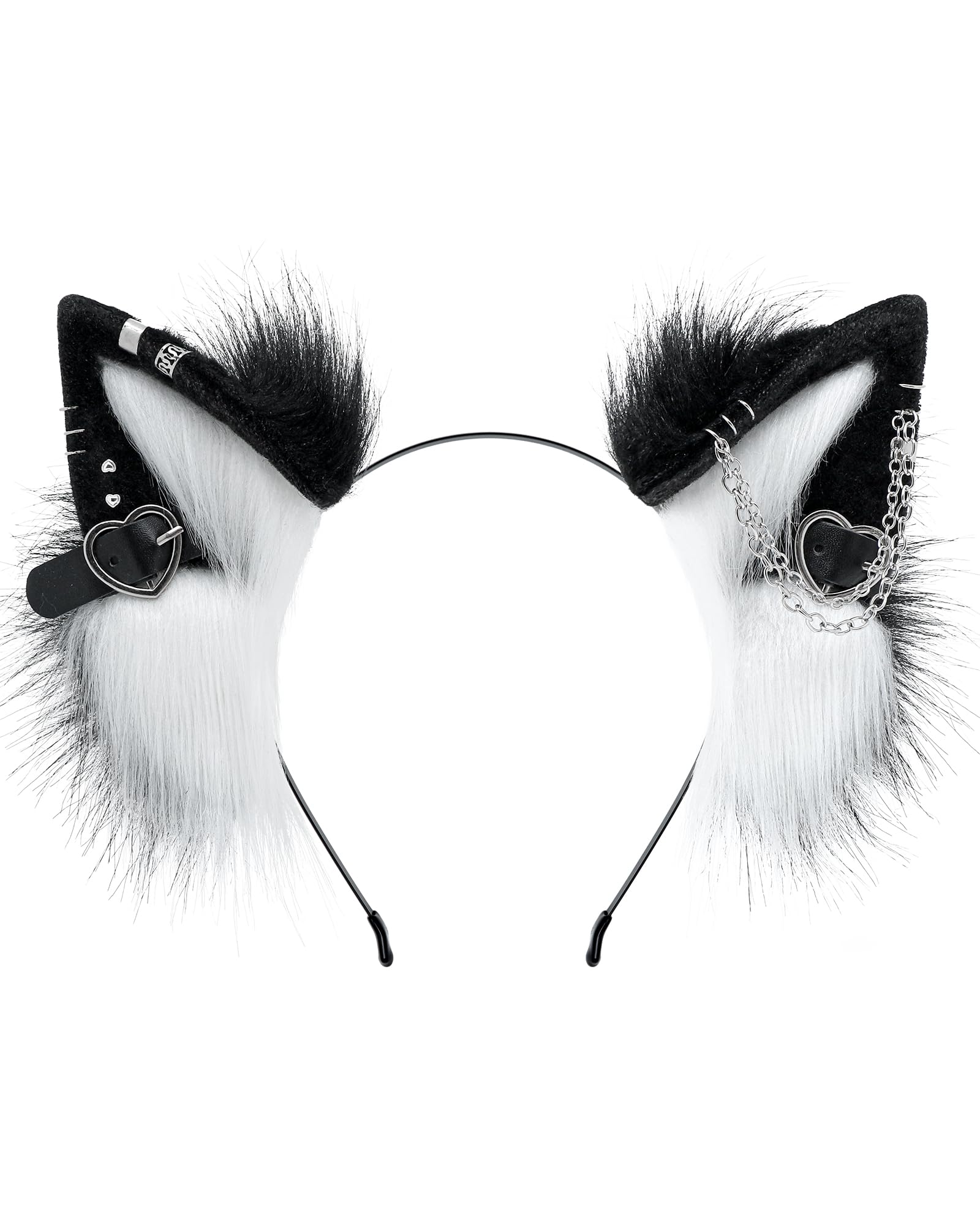 ZFKJERS Handmade Faux Fur Cat Ear Headband with Charms Cosplay Accessory for Halloween (Black White)