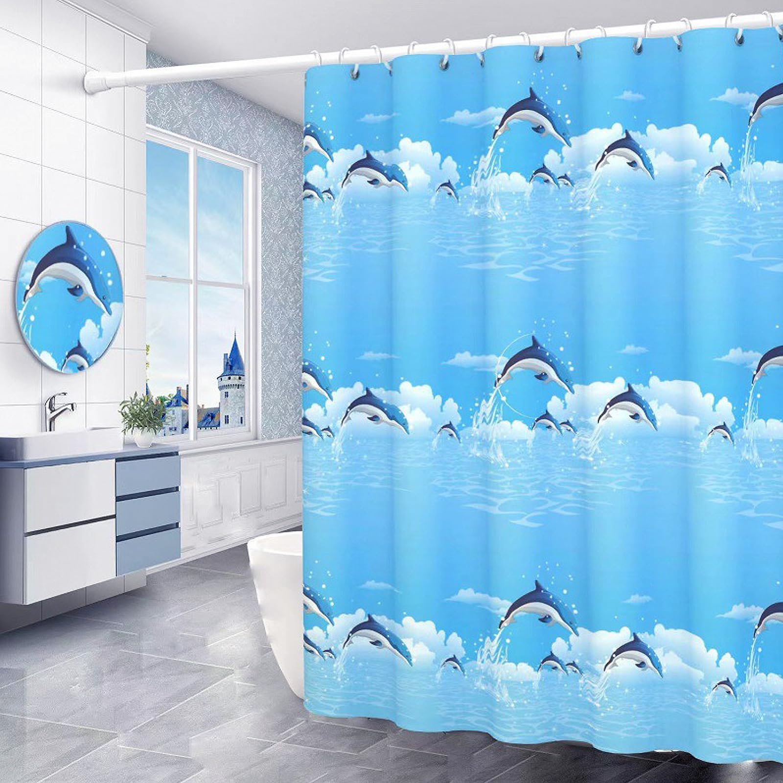 DHSWNNG Shower Curtains Mould Proof Resistant Blue Shower Curtain with 14 Hooks 180 X 200cm Dolphin Waterproof Bath Bathtub Curtain for Bathroom Wet Room Tub