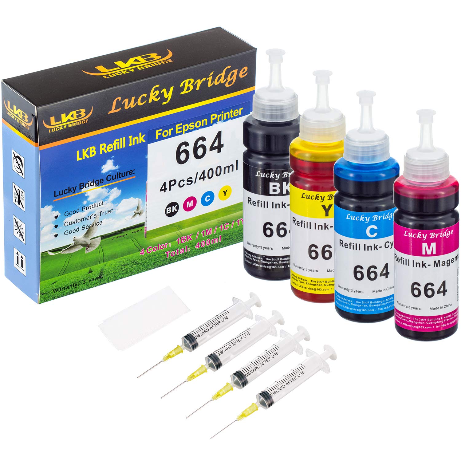 Lucky Bridge 400ml (4x100ml) 664 Ink Replacement for EcoTank T664 T6641 T6642 T6643 T6644 Ink Bottle for ET-2500 ET-2550 ET-2600 ET-2650 ET-4500 ET-14000 L100 L110 L350 L355 L555-400ml UK