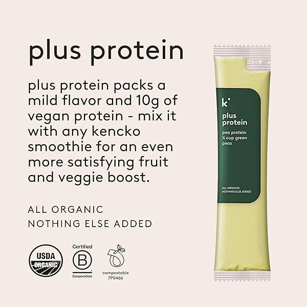 KENCKO ADD-ON PLUS PROTEIN POWDER SMOOTHIE BOOSTER – ADD TO SMOOTHIES – 10G OF VEGAN PROTEIN POWDER EACH – 12 SINGLE SERVE PEA PROTEIN PACKETS – ORGANIC PLANT PROTEIN