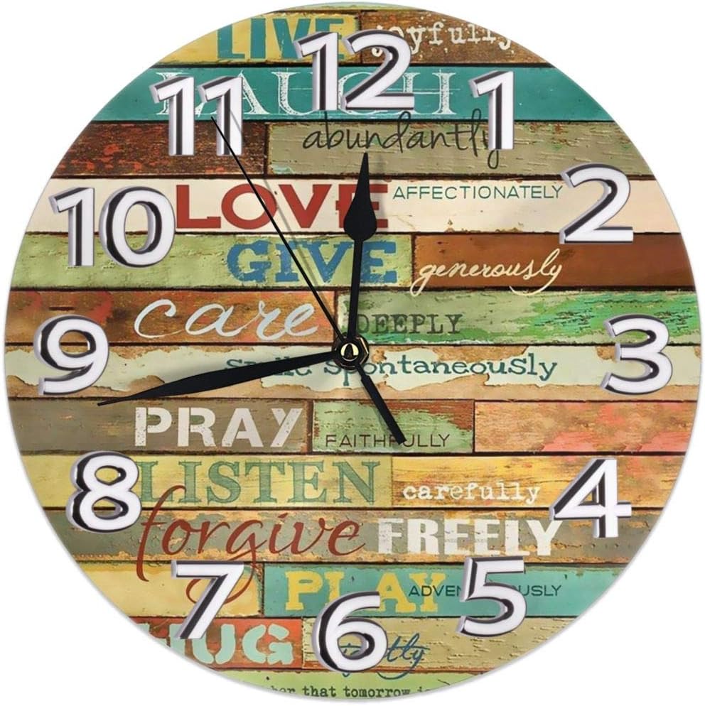 Kimisoy Live Joyfully Wall Clock Waterproof Decorative Clocks Lightweight Clock with Roman Numeral Hands Durable Round Wall Clock for Living Room Classroom Patio Bedroom