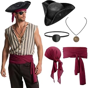 5PCS Pirate Costume Accessories Set for Men, Halloween Pirate Accessories | Pirate Hat, Faux Leather Tricorn Hat, Bandana, Re
