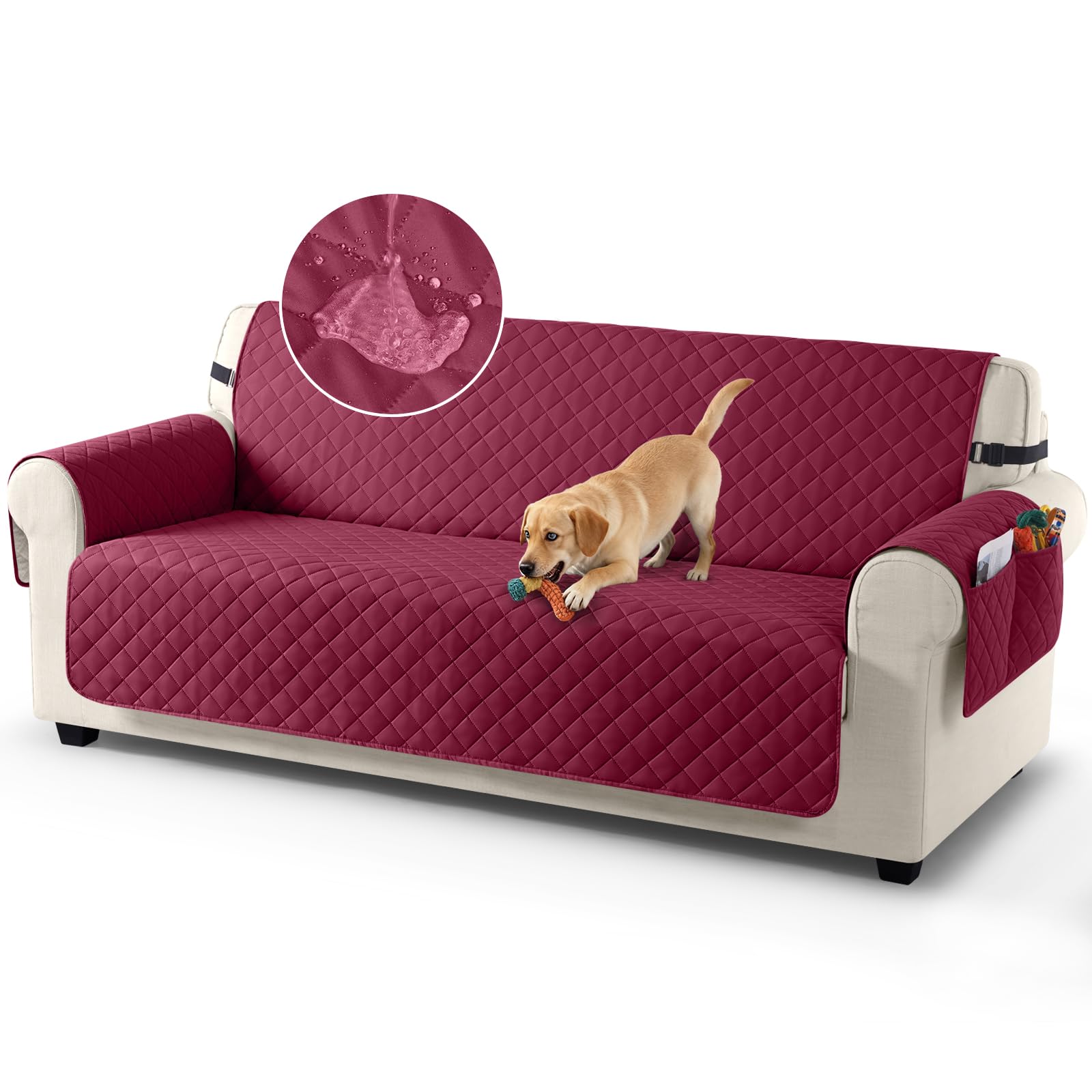 TAOCOCO Sofa Slipcovers 100% Waterproof Sofa Covers 3 Seater,Settee Covers with Storage Pockets,Anti Slip Couch Covers,Washable Sofa Protector for Kids/Dogs/Pets(Wine Red)