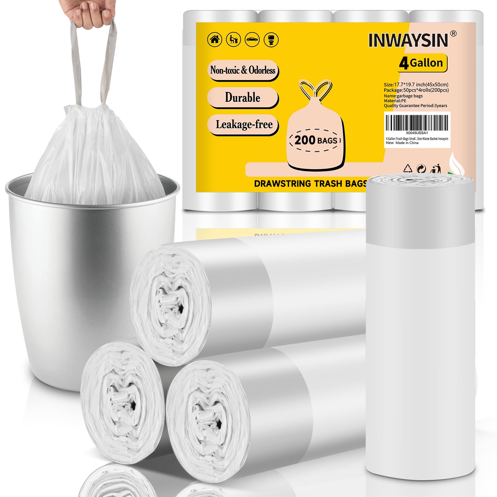 Photo 1 of 4 Gallon Trash-Bags Small-Bathroom Garbage-Bag Drawstring - Strong Kitchen White 200 Count Plastic Unscented For Can Car Disposable Recycling Office Size Waste Basket Inwaysin