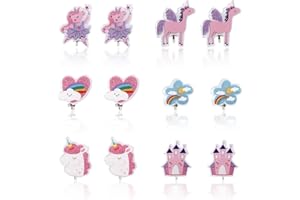 Mikovivi 6 Pairs Clip On Earrings for Girls, Basic Resin Clip On Ear Rings Multicolored Cloud Castle Rainbow Unicorn Heart Pattern Children Non-Pierced Jewelry Dress Up Accessories