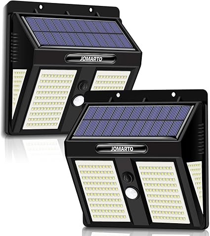 Amazon 最新版 ソーラーライト 人感センサーライトjomarto 250led 3つ知能モード 太陽光発電 転化率18 Up 自動点灯 4面発光 屋外ウォールライト Ip65防水 壁掛け式 取付簡単 防犯ライト両面テープとネジ付き 屋外 ガレージ 玄関 駐車場 地震 停電時適用 2個