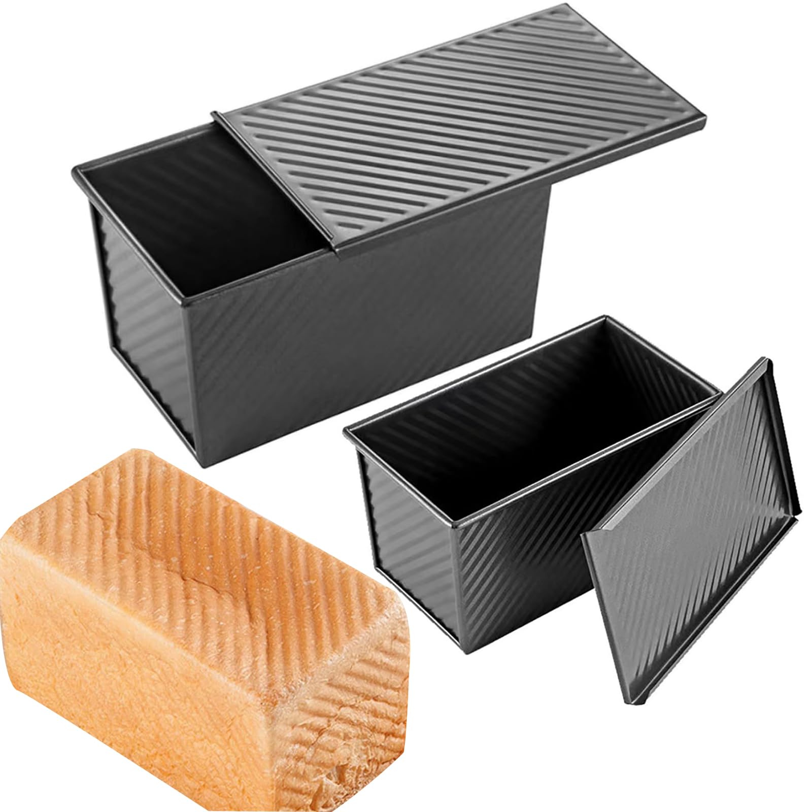 Photo 1 of 2 Packs Pullman Loaf Pan with Lid, 1 lb Dough 0.5 lb Dough Capacity, Carbon Steel Corrugated, Nonstick Sandwich Bread Loaf Pan with Lid