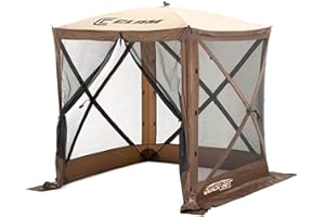CLAM Quick-Set Traveler 6’ x 6’ Pop-Up Outdoor Camping Gazebo Instant Screen Tent 4-Sided Canopy Shelter w/ Ground Stakes & Carry Bag, Brown