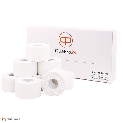 QuaPro24 - 8 Rollen Premium Sport-Tape Set - 10,3m x 3,8cm - Weiß - Selbsthaftender Tape-Verband mit starker Klebekraft - 100% unelastische Baumwolle