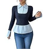 GORGLITTER Women's Babydoll Shirt Sweater Combo 2 in 1 Collared Button Down Long Sleeve Shirts Business Causal Peplum Tops