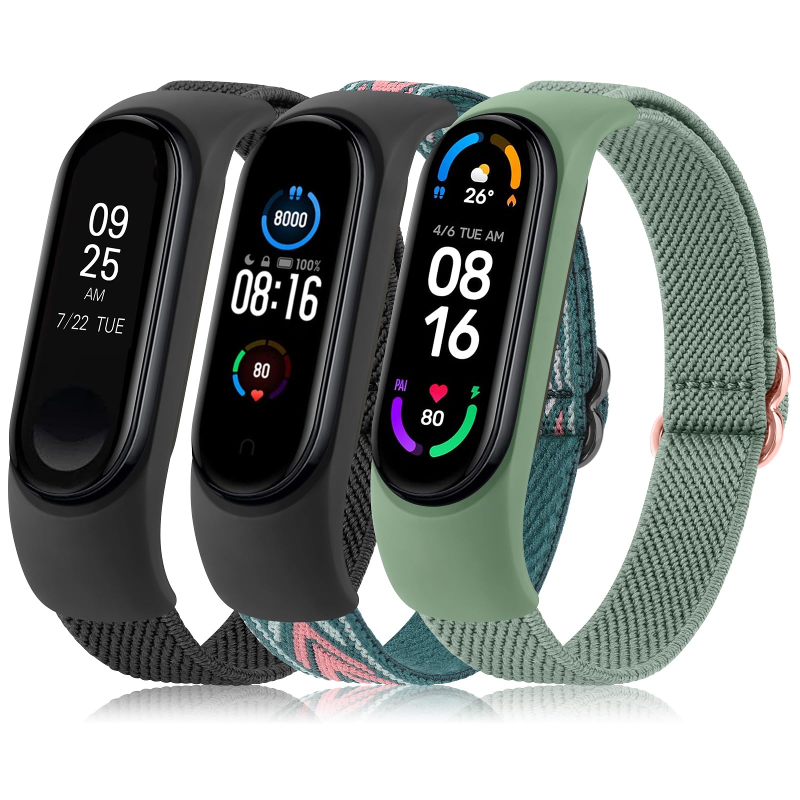 Vancle Bracelet for Xiaomi Mi Band 4/3/6/5, Adjustable Nylon Replacement Strap for Men and Women (Black/Green Arrow/Green)