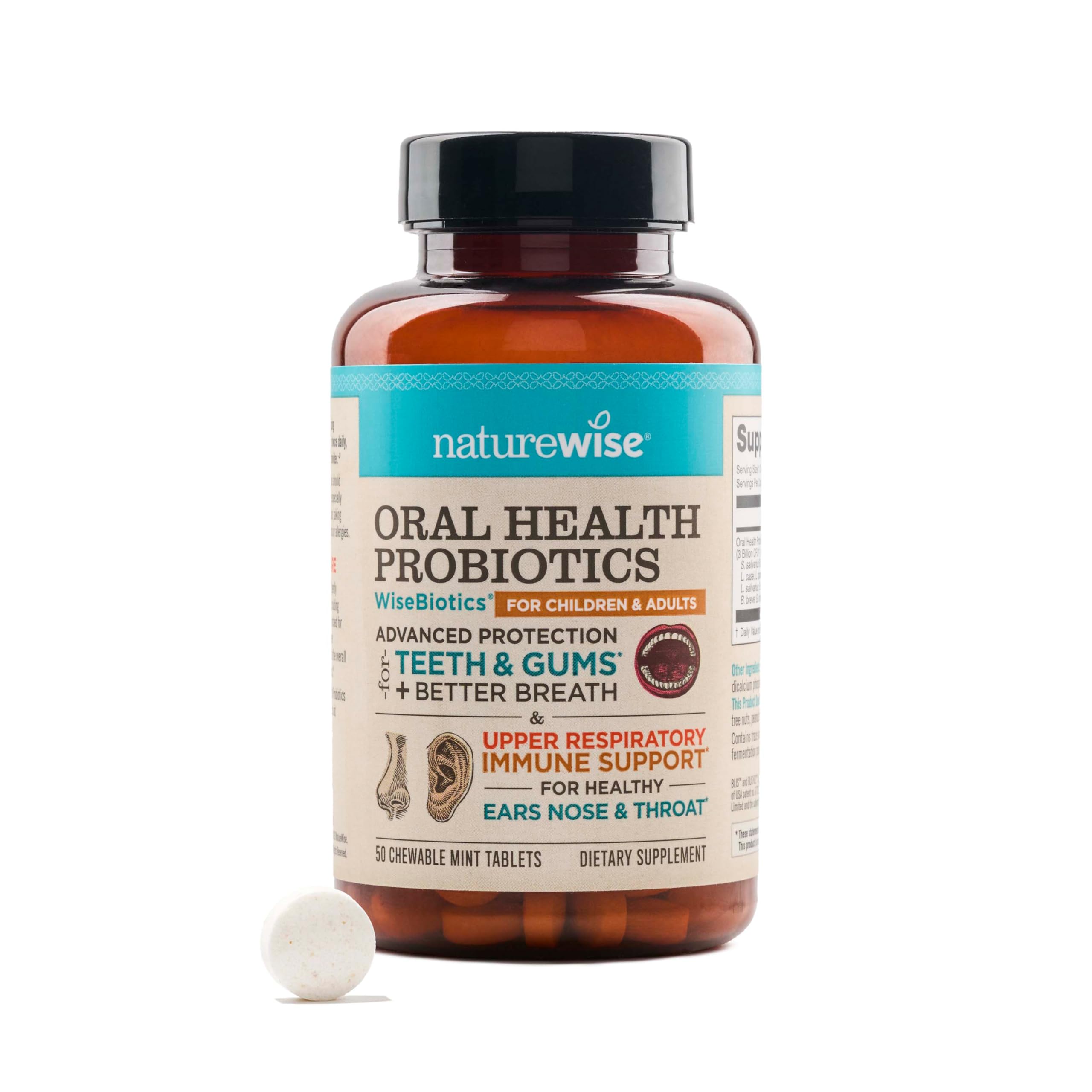 NatureWise Oral Probiotics for Teeth and Gums + Fresh Breath* - Chewable Sugar-Free Mint Tablet - Lactobacillus reuteri Chewable - Oral Health Probiotics For Kids & Adults - 50 Count[50-Day Supply]