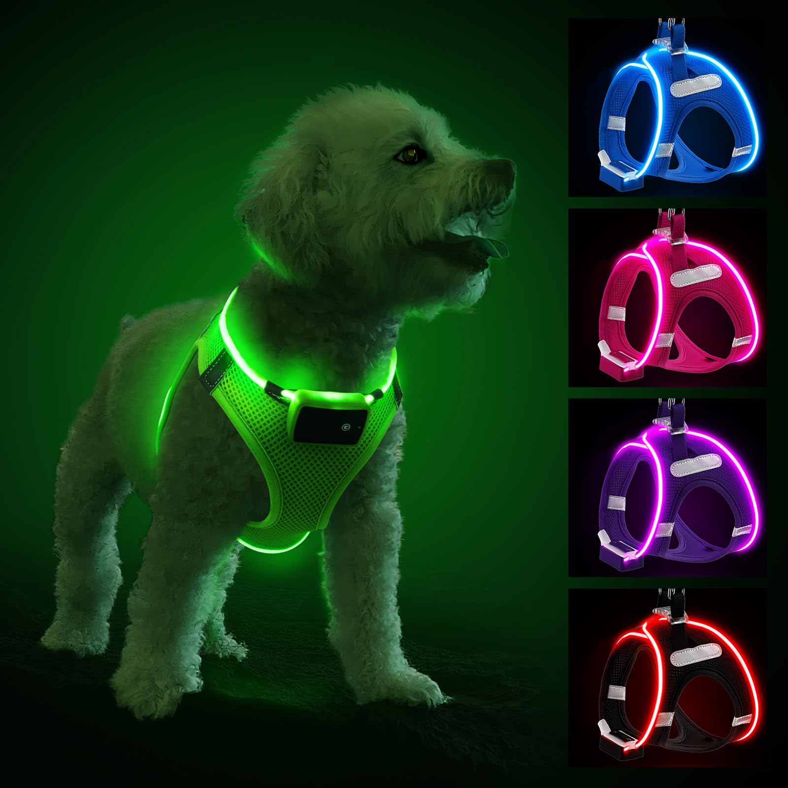 Light Up Dog Harness with Rechargeable LED - Waterproof Reflective Dog Harness Glow in the Dark - Flashing Harness for Puppy Small Medium Dogs Walking in Light, Green-XS — image 1