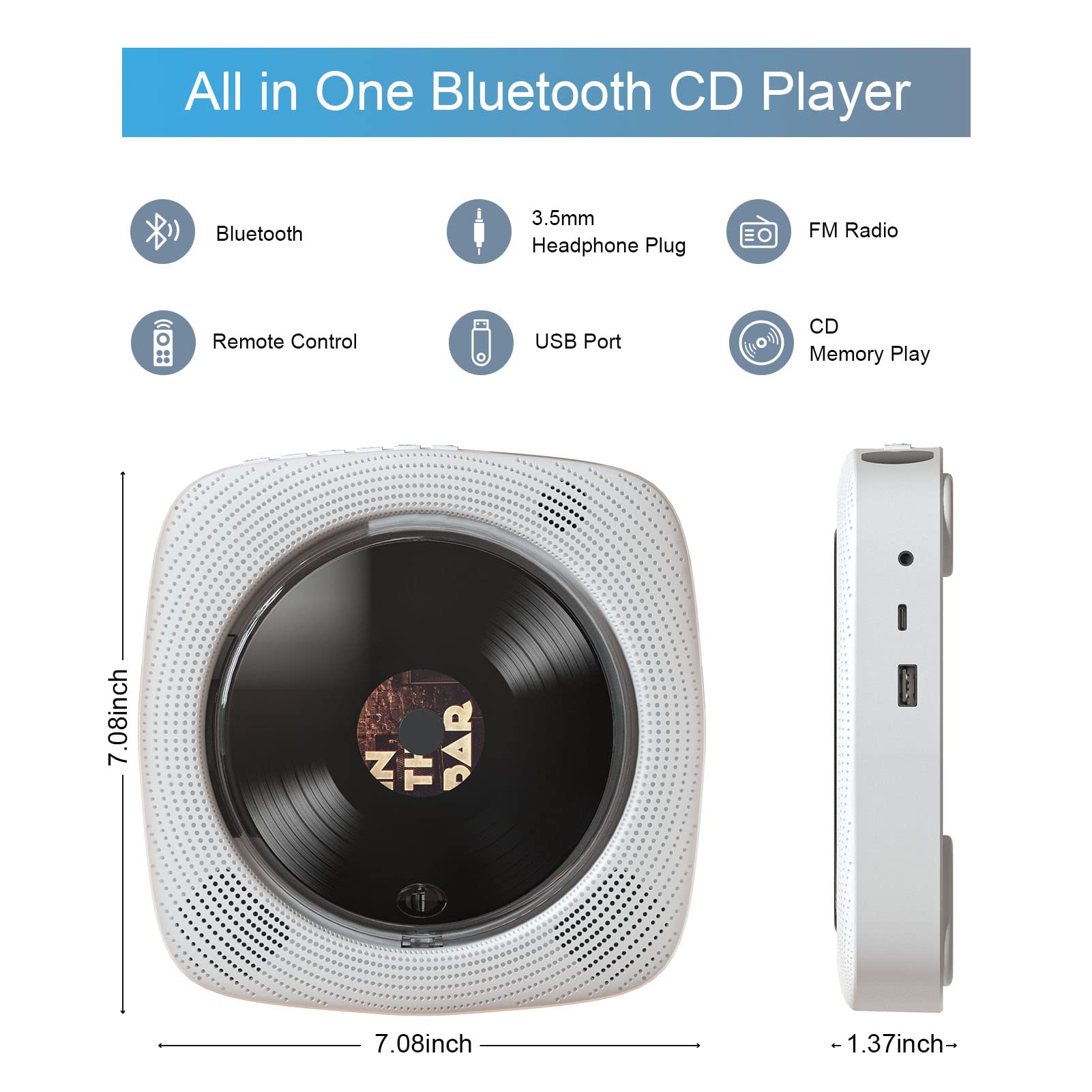 CD Players for Home, Portable CD Player with Speakers, FM Radio, Remote Control, AUX Port, USB Read, Compatible Formats, Wired Powered, Desktop and Wall Mounted, White, Gift