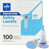 Medline Sterile Safety Lancets, Push-Button Activation, Blood Glucose Testing, Controlled Penetration, 28G x 1.6 mm, 100 Count