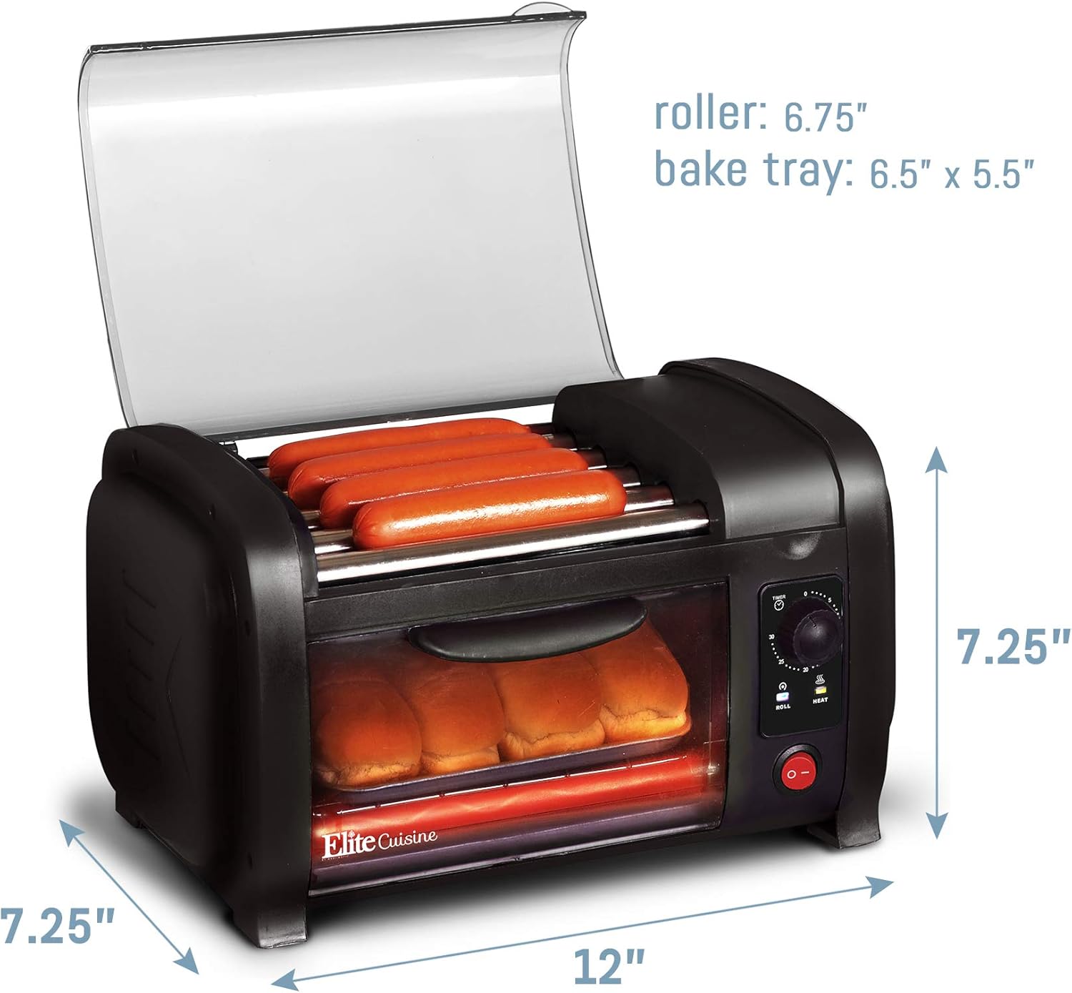 Elite Gourmet EHD-051B Hot Dog Toaster Oven, 30-Min Timer, Stainless Steel Heat Rollers Bake & Crumb Tray, World Series Baseball, 4 Bun Capacity, Black: Kitchen & Dining