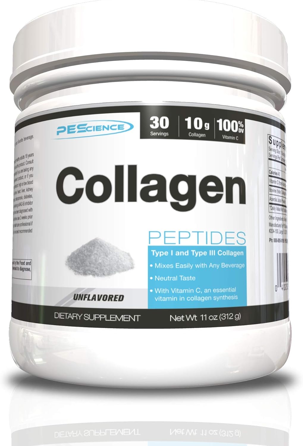 PEScience Collagen Peptides, Vitamin C with Type I and III Hydrolyzed Collagen Powder, Hair Skin Nails Support, Unflavored, 30 Servings